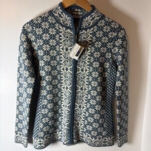 NWT Classic Alpaca Nordic Snowflake Blue White 100% Baby Alpaca Zip Up Sz S